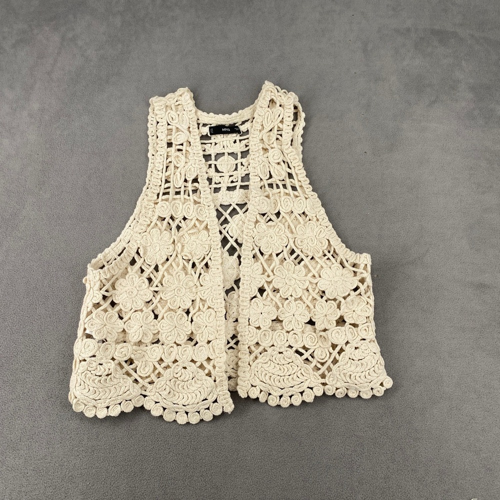Mango MNG Womens Crochet Floral Vest Cream‎ Open Knit Boho Sleeveless Medium